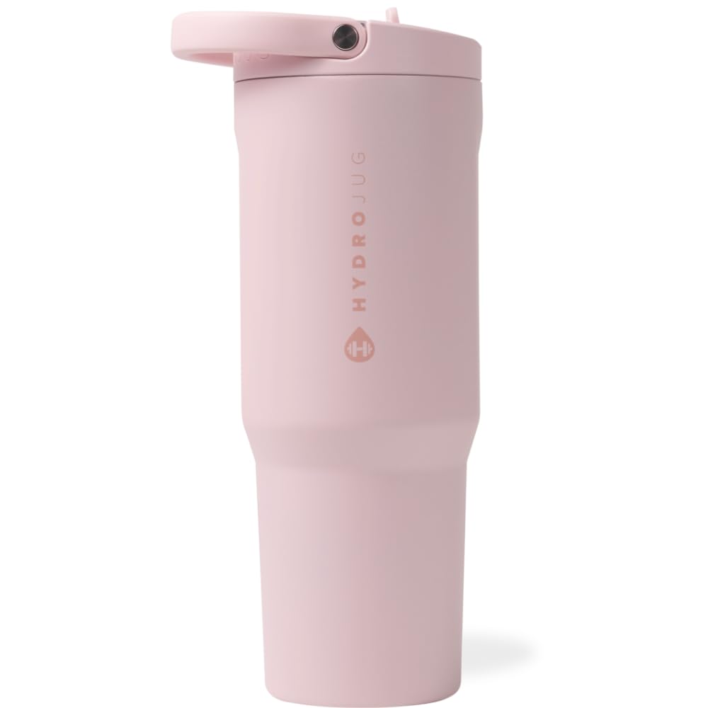 HydroJug Sport - Stainless Steel Tumbler with Straw, Vacuum Insulated, 32oz Leakproof Water Bottle, Ergonomic Design, Reusable, Dishwasher Safe, Rubber Base, Durable for Gym or Outdoors, Pink Sand