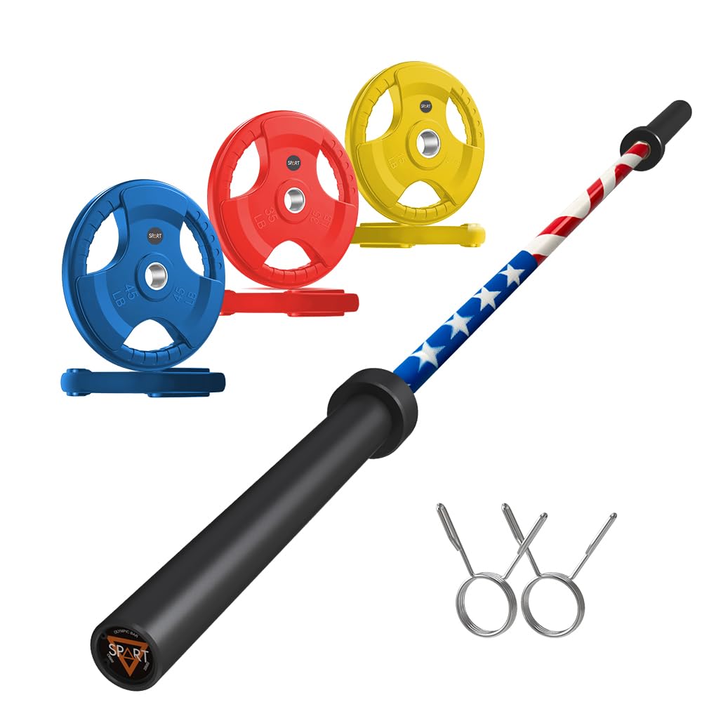 7FT Olympic Barbell Bar with Weight Plate Set Combo, Solid Olympic Bar with Bearings, 700Lbs Capacity Weight Bar for Home Gym Strength Training, Weightlifting, Powerlifting, Fit for 2" Olympic Plates