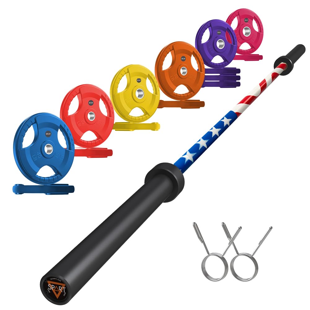 7FT Olympic Barbell Bar with Weight Plate Set Combo, Solid Olympic Bar with Bearings, 700Lbs Capacity Weight Bar for Home Gym Strength Training, Weightlifting, Powerlifting, Fit for 2" Olympic Plates