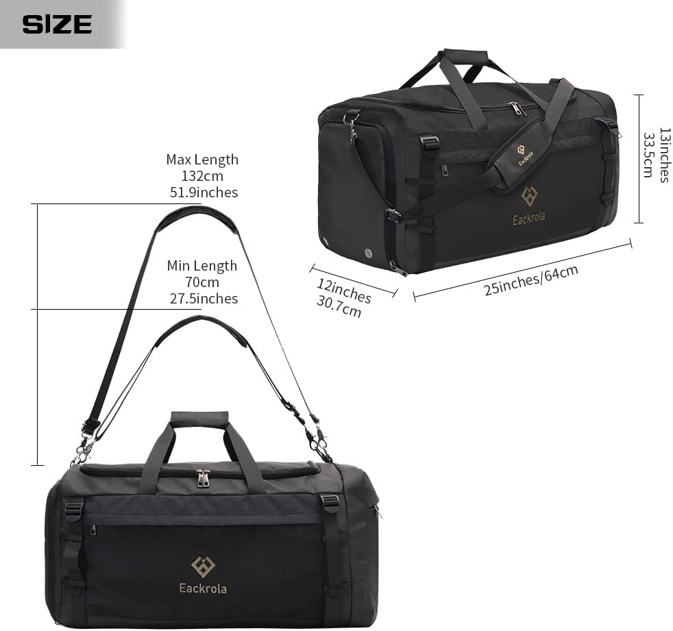 Eackrola Large Sports Gym Bag, Travel Duffel bag with Wet Pocket & Shoes Compartment for men women, 65L, Lightweight(Black)