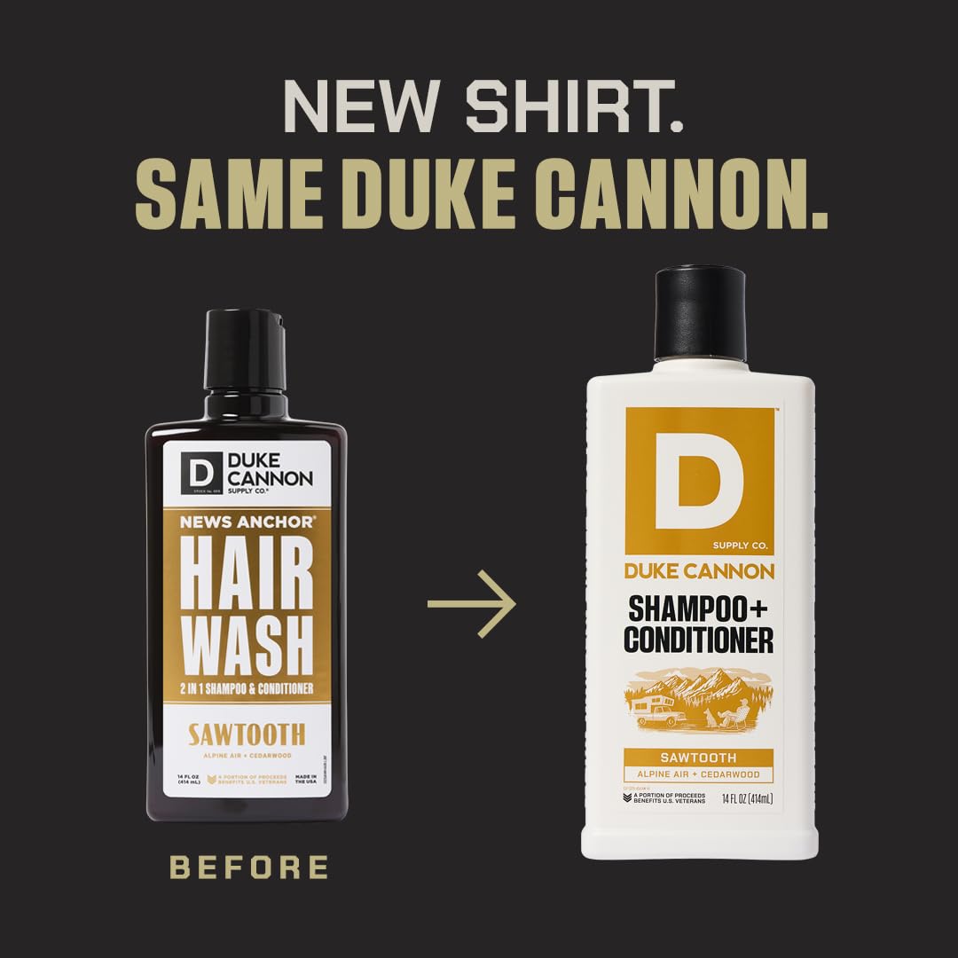 Duke Cannon Supply Co. 2-in-1 Hair Wash - Masculine Scent - Gentle Cleansing Hair Wash For Men - Stimulating Hair Shampoo & Conditioner - Tea Tree & Midnight Swim & Sawtooth- 3 Pack (14 oz)