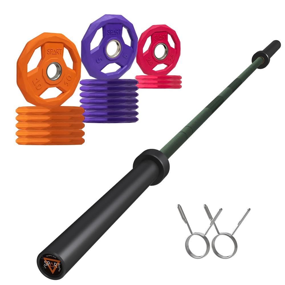 7FT Olympic Barbell Bar with Weight Plate Set Combo, Solid Olympic Bar with Bearings, 700Lbs Capacity Weight Bar for Home Gym Strength Training, Weightlifting, Powerlifting, Fit for 2" Olympic Plates