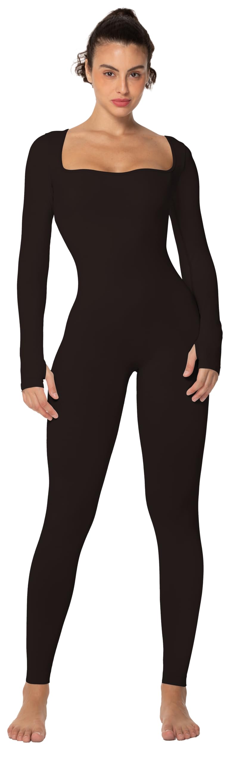 Sunzel Long Sleeve Bodysuits One Piece Jumpsuit for Women with Square Neck and Butt Scrunch Leggings Seamless Ribbed Rompers