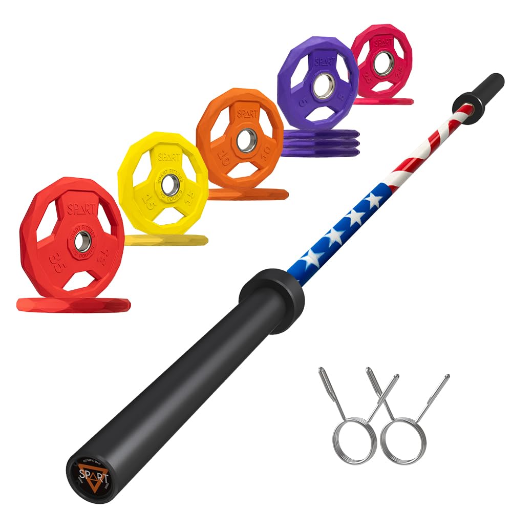 7FT Olympic Barbell Bar with Weight Plate Set Combo, Solid Olympic Bar with Bearings, 700Lbs Capacity Weight Bar for Home Gym Strength Training, Weightlifting, Powerlifting, Fit for 2" Olympic Plates