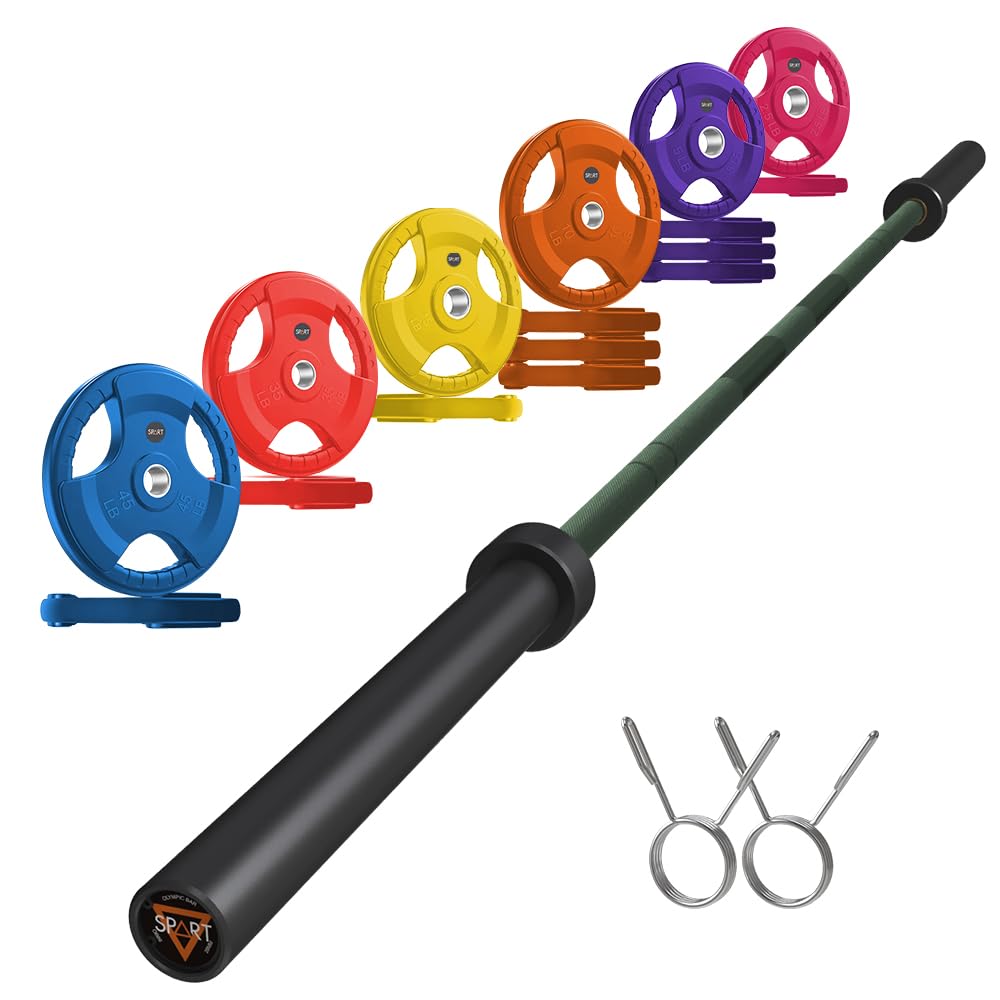 7FT Olympic Barbell Bar with Weight Plate Set Combo, Solid Olympic Bar with Bearings, 700Lbs Capacity Weight Bar for Home Gym Strength Training, Weightlifting, Powerlifting, Fit for 2" Olympic Plates