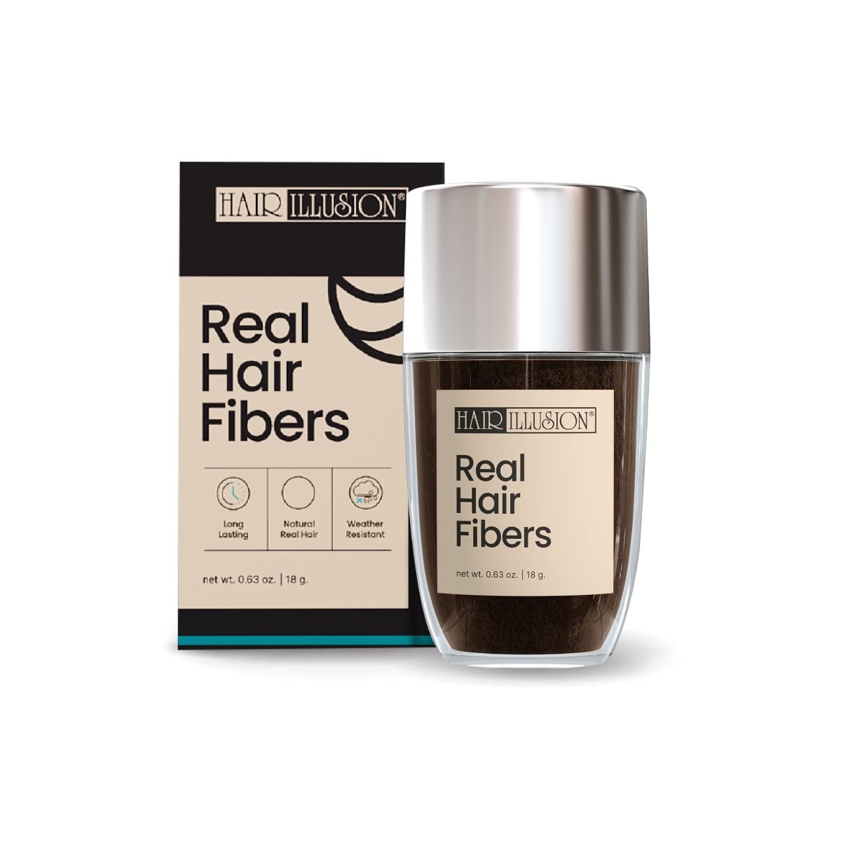 Hair Illusion Black Real Hair Fibers for Thinning Hair - 100% Natural Texture, Non Synthetic Hair Fibers - Bald Spot Cover Up for Women & Men - 18 Gram