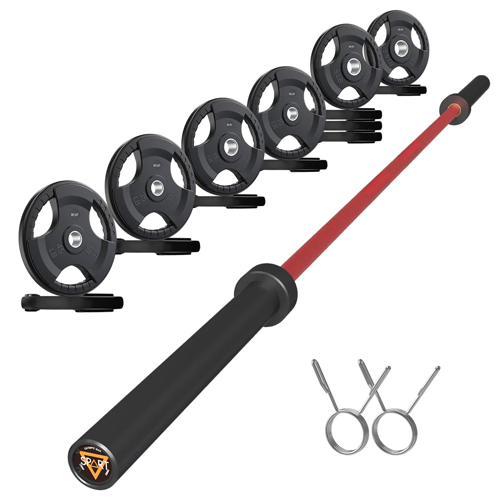 7FT Olympic Barbell Bar with Weight Plate Set Combo, Solid Olympic Bar with Bearings, 700Lbs Capacity Weight Bar for Home Gym Strength Training, Weightlifting, Powerlifting, Fit for 2" Olympic Plates