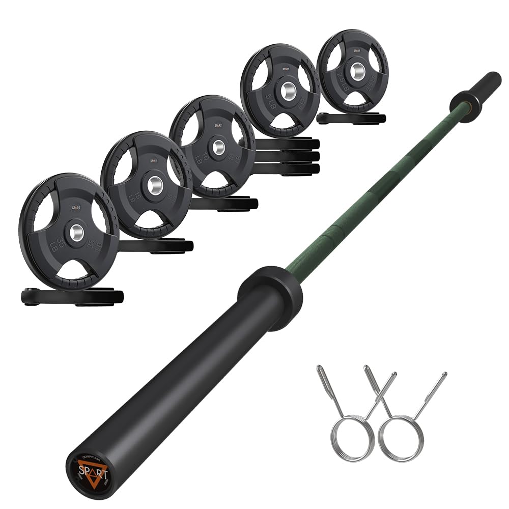 7FT Olympic Barbell Bar with Weight Plate Set Combo, Solid Olympic Bar with Bearings, 700Lbs Capacity Weight Bar for Home Gym Strength Training, Weightlifting, Powerlifting, Fit for 2" Olympic Plates