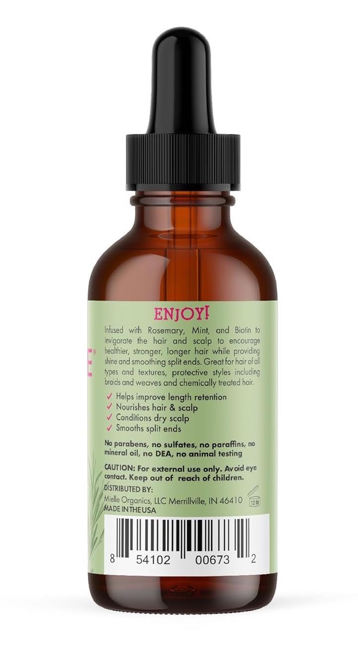 Mielle Organics Rosemary & Mint Hair Oil, Split Ends & Dry Scalp Treatment - Infused with Biotin & Essential Oils for Strengthening, Soothing, Moisturizing & Encouraging Healthier Hair (2 Fl Oz)