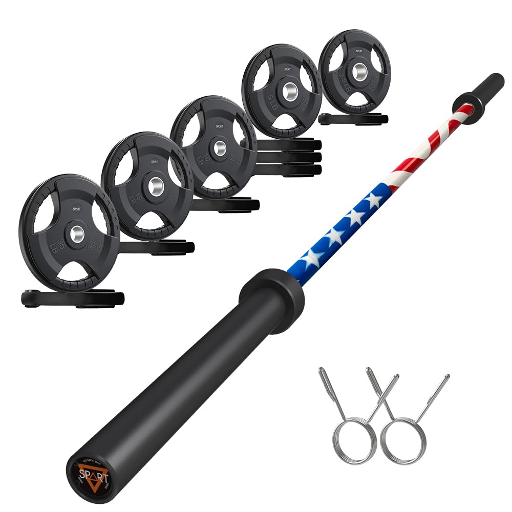 7FT Olympic Barbell Bar with Weight Plate Set Combo, Solid Olympic Bar with Bearings, 700Lbs Capacity Weight Bar for Home Gym Strength Training, Weightlifting, Powerlifting, Fit for 2" Olympic Plates