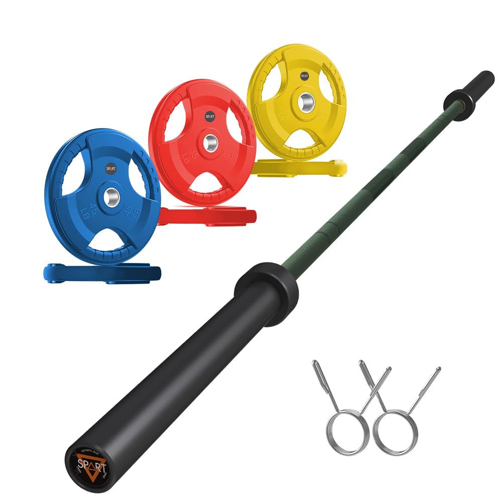 7FT Olympic Barbell Bar with Weight Plate Set Combo, Solid Olympic Bar with Bearings, 700Lbs Capacity Weight Bar for Home Gym Strength Training, Weightlifting, Powerlifting, Fit for 2" Olympic Plates