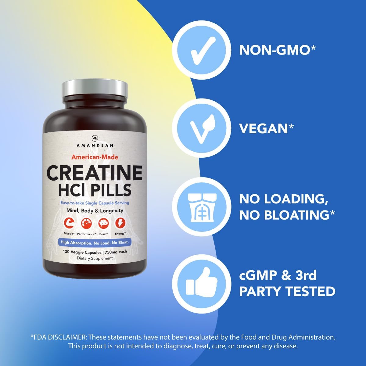 AMANDEAN Creatine HCl Pills. American Made CON-CRET. 120 Capsules. 7X Concentrated vs Monohydrate Powder. No Bloat. Muscle, Energy, Cognitive, Recovery Support for Men & Women. Gluten Free, Non-GMO.
