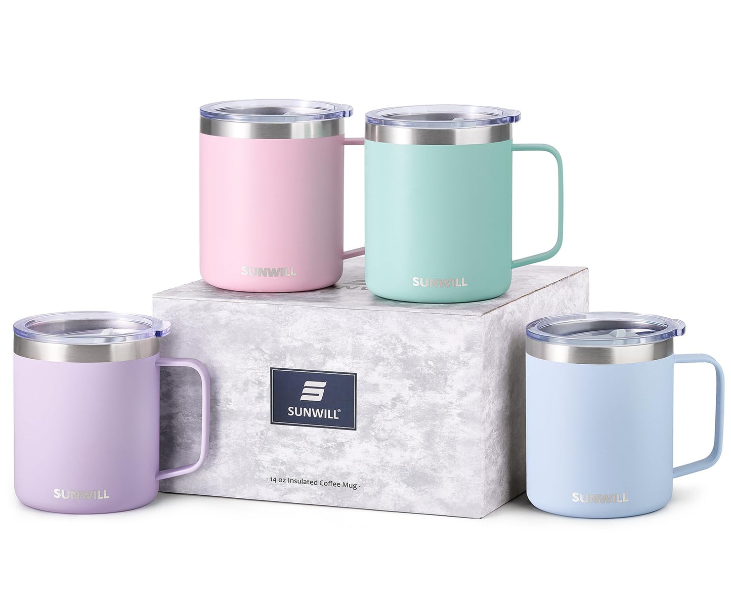 SUNWILL Travel Coffee Mug with Lid, Insulated Tumbler with Handle, 14 oz Stainless Steel Cup for Ice, Water, Tea, Rose Gold