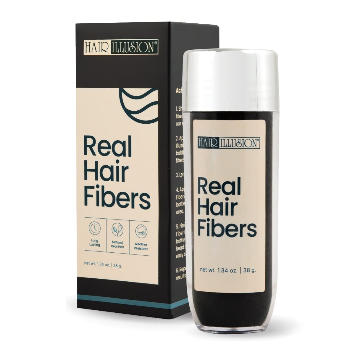 Hair Illusion Black Real Hair Fibers for Thinning Hair - 100% Natural Texture, Non Synthetic Hair Fibers - Bald Spot Cover Up for Women & Men - 18 Gram