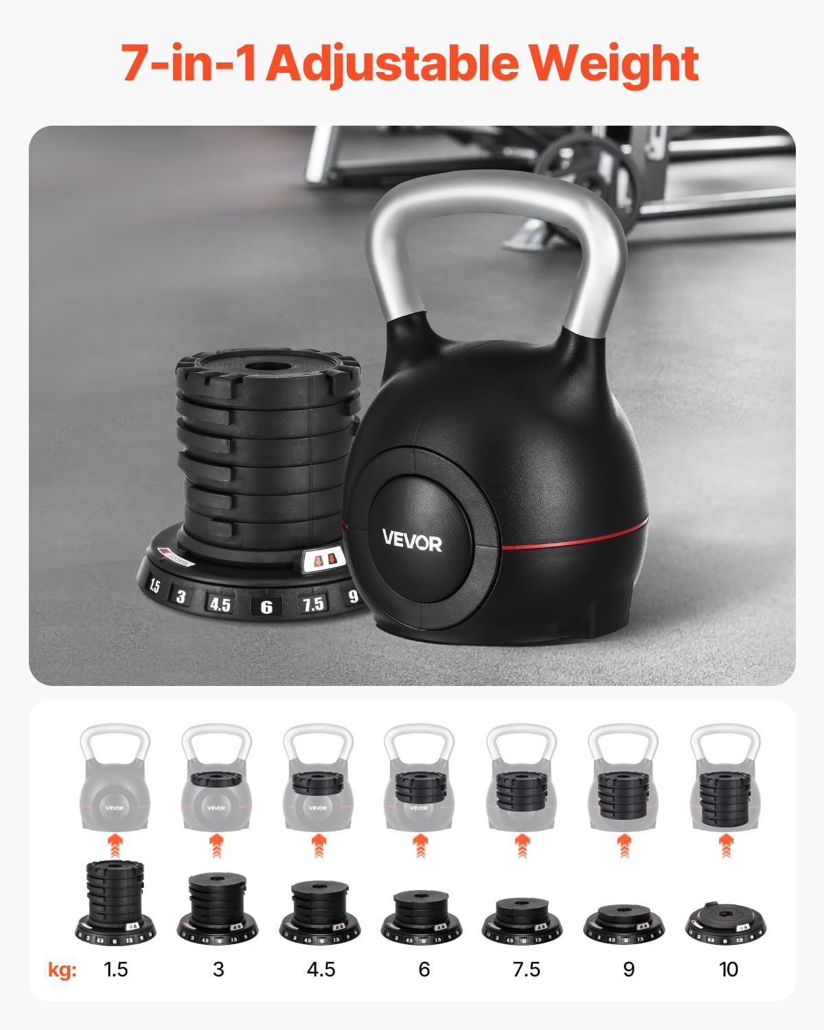 VEVOR Kettlebell, Adjustable Kettlebell with 7 Weight Levels, Die-Cast Aluminum and ABS Material, for Grip Strength Training, Full-body Workout & Cross-Training