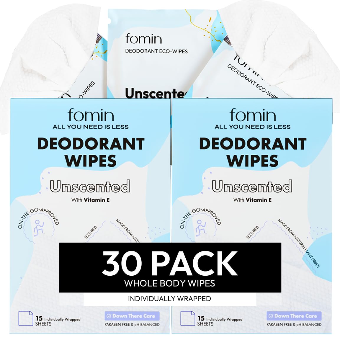 FOMIN Travel Deodorant Wipes - 30 Count - Cucumber and Aloe pH Balanced, Hypoallergenic Mini Deodorant Wipes For Women and Men - Plastic-Free, Individually Wrapped Underarm & Body Wipes