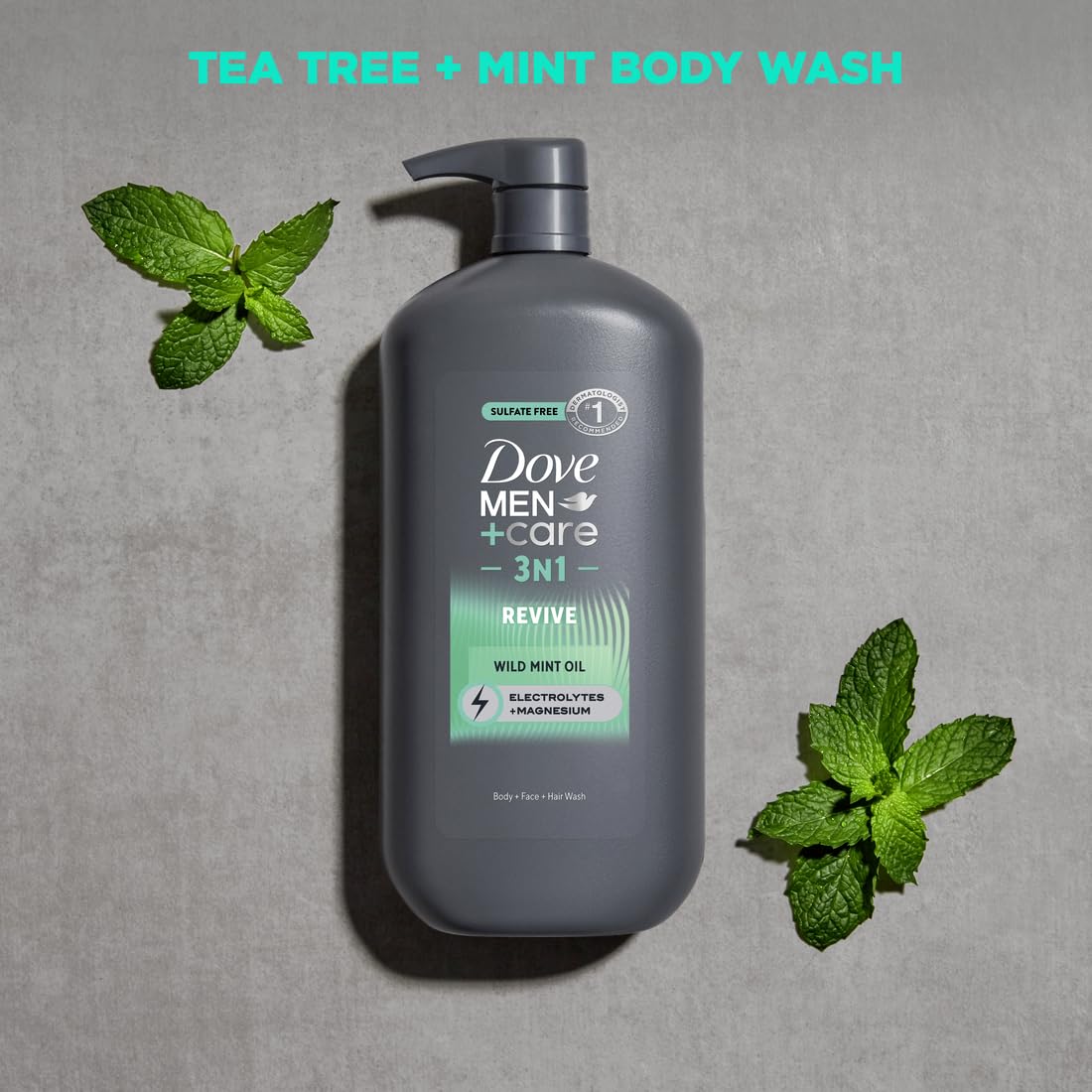 DOVE MEN + CARE Body and Face Wash with Wild Mint Oil, Invigorating Revive 3N1 with 24-Hour Nourishing Micromoisture Technology, 30 oz 3 Count