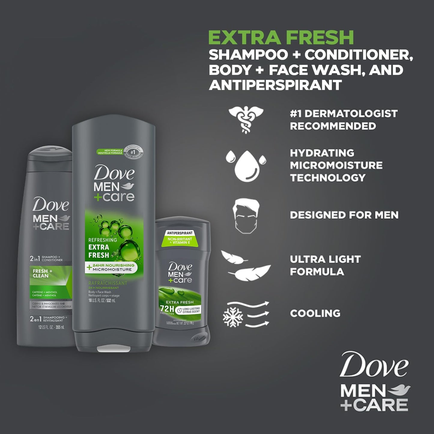 Dove Men + Care Bundle – Extra Fresh Body Wash & 72H Deodorant + Fresh + Clean 2-in-1 Shampoo and Conditioner, Citrus Scent (3 Piece Set)
