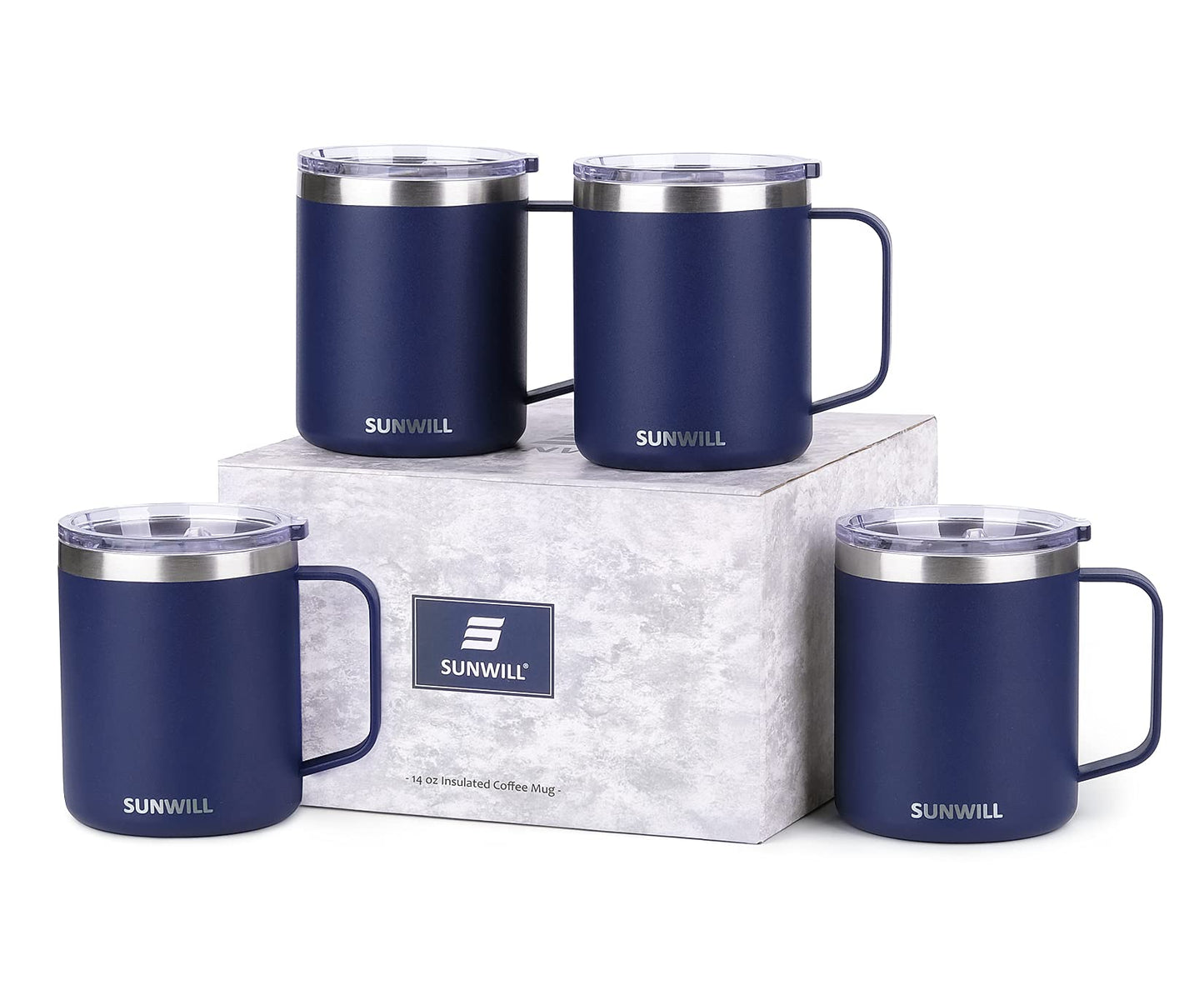 SUNWILL Travel Coffee Mug with Lid, Insulated Tumbler with Handle, 14 oz Stainless Steel Cup for Ice, Water, Tea, Rose Gold