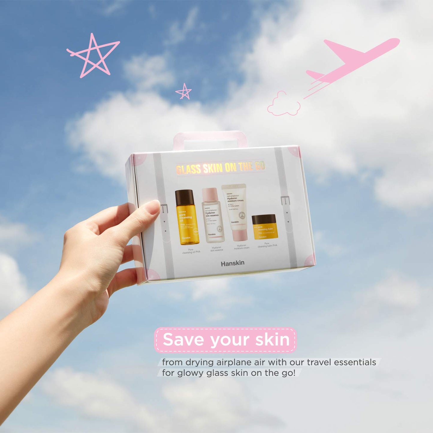 Hanskin Glass Skin On The Go Kit, Set of 4, Moisturizing Travel-Friendly Hydrating Skincare Set for Glowing Skin, Cleansers, Essence Toner and Moisturizer, Korean Skincare