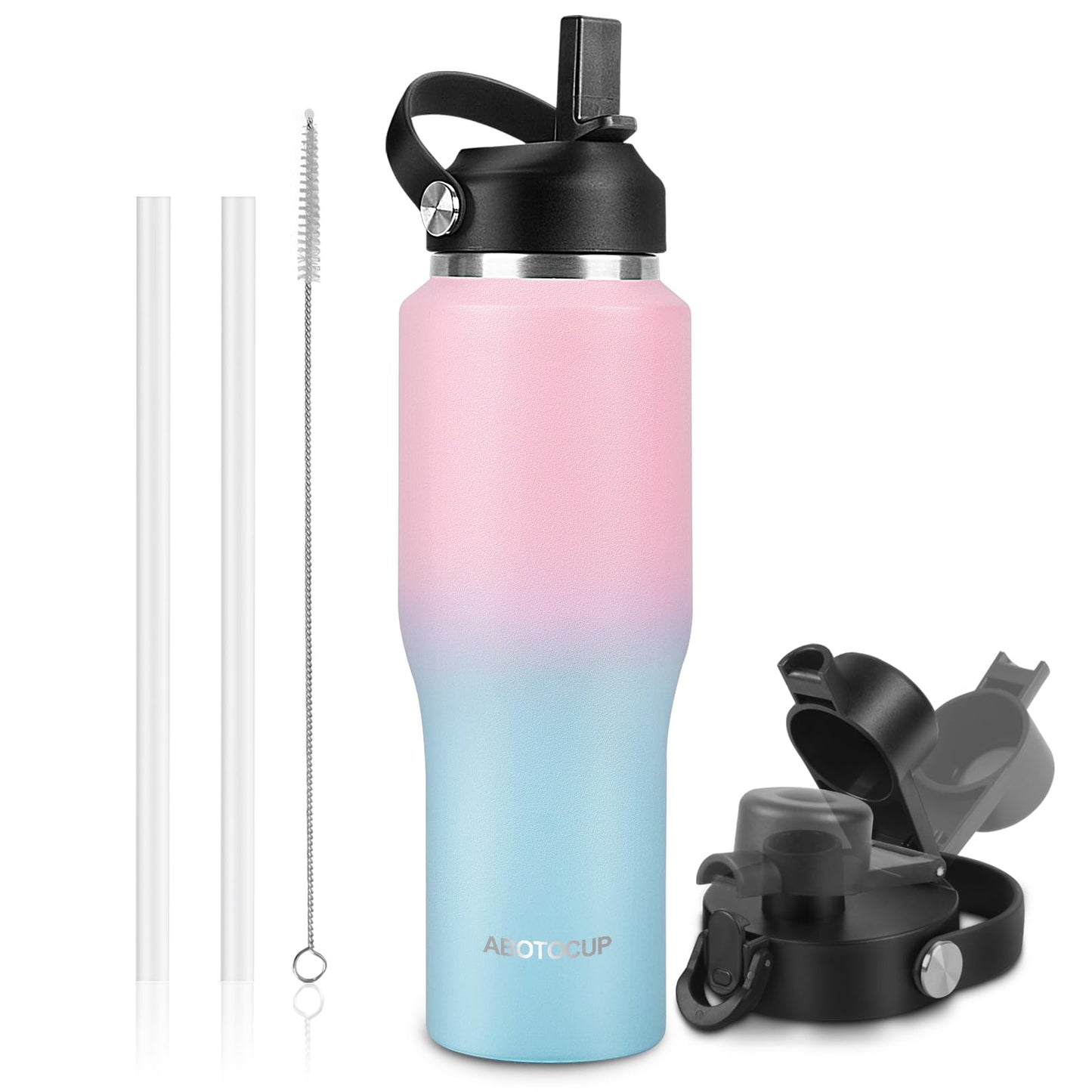 32oz Black Water Bottle Stainless Steel, Keep Cold 24H&Hot 12H, Water Bottle with Straw&Spout Lids, Insulated Water Bottle Double Wall Vacuum, Fit in Any Car Cup Holder, Leak-proof BPA Free
