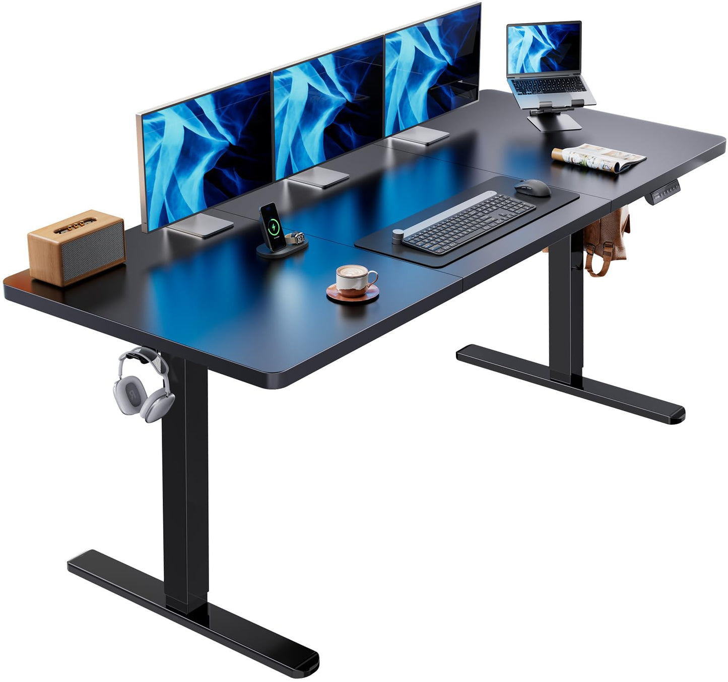HUANUO 48 x 24 inch Electric Standing Desk, Height Adjustable Table with Headphone Hooks & Cable Manager, Sit to Stand up Desk for Home Office, Vintage Brown