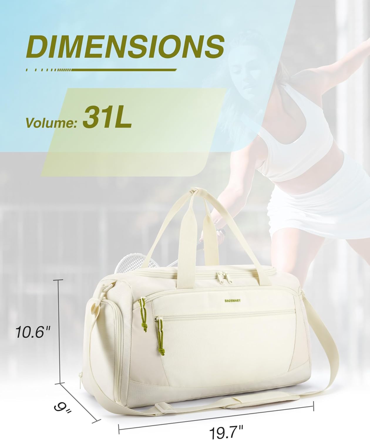BAGSMART Gym Bag, 31L Sports Travel Duffle Bag With Shoe Compartment, Waterproof Travel Gym Duffel Bag for Men & Women, Carry On Weekender Workout Bag With Strap, Beige