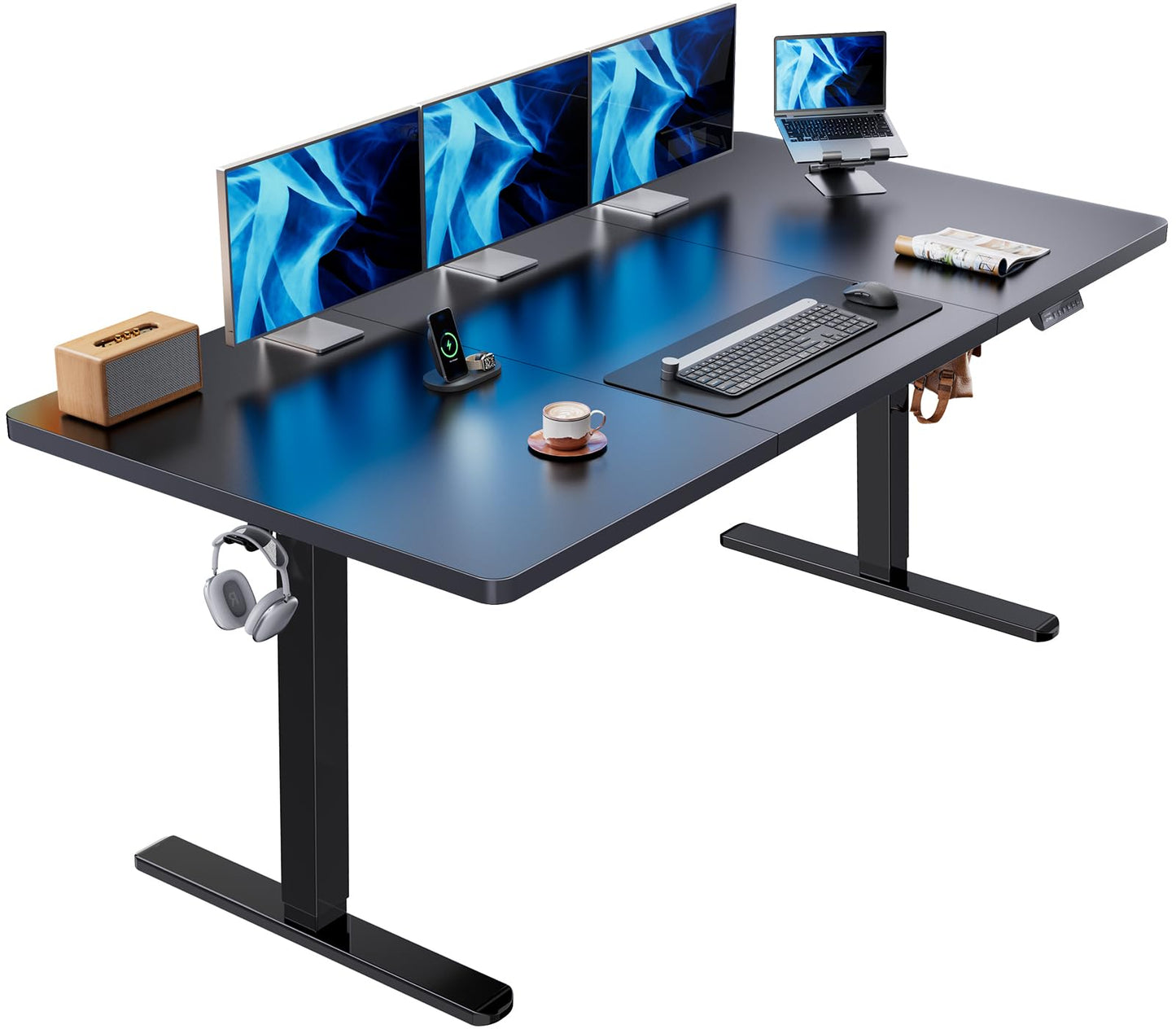 HUANUO 48 x 24 inch Electric Standing Desk, Height Adjustable Table with Headphone Hooks & Cable Manager, Sit to Stand up Desk for Home Office, Vintage Brown