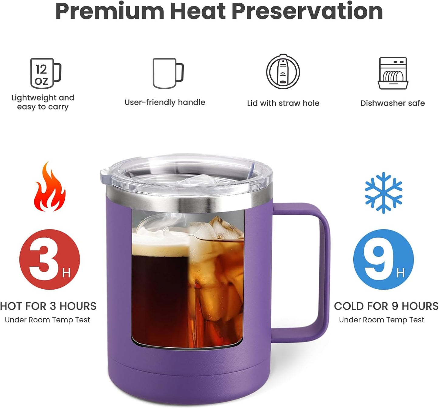 MEWAY 12oz Coffee Mug With Handle and Sliding Lid,Stainless Steel Travel Tumbler Cup with Handle,Double Wall Vacuum Insulated Camping Cup for Hot & Cold Drinks Tea (Purple,Set of 1)