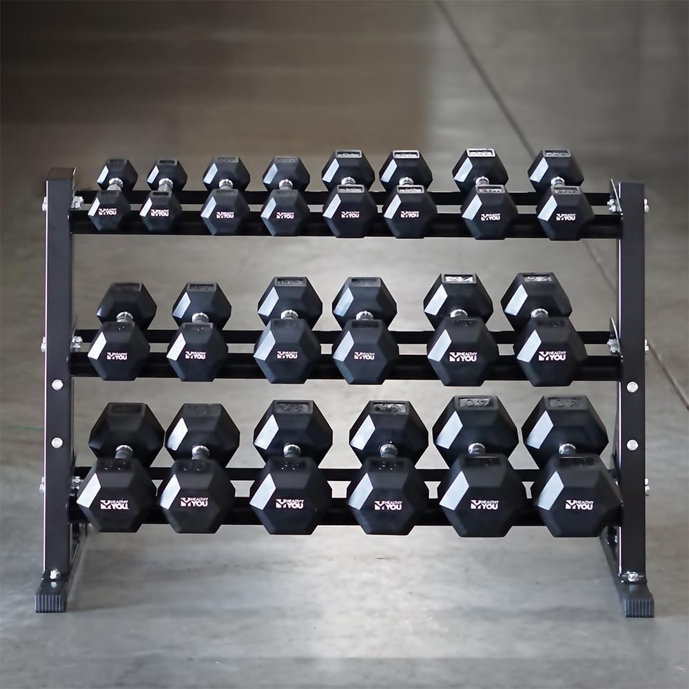 3 Tier Dumbbell Rack – Heavy-Duty Steel Weight Storage Stand for Hex or Round Dumbbells – Rubber Feet for Stability – Home or Commercial Gym Use