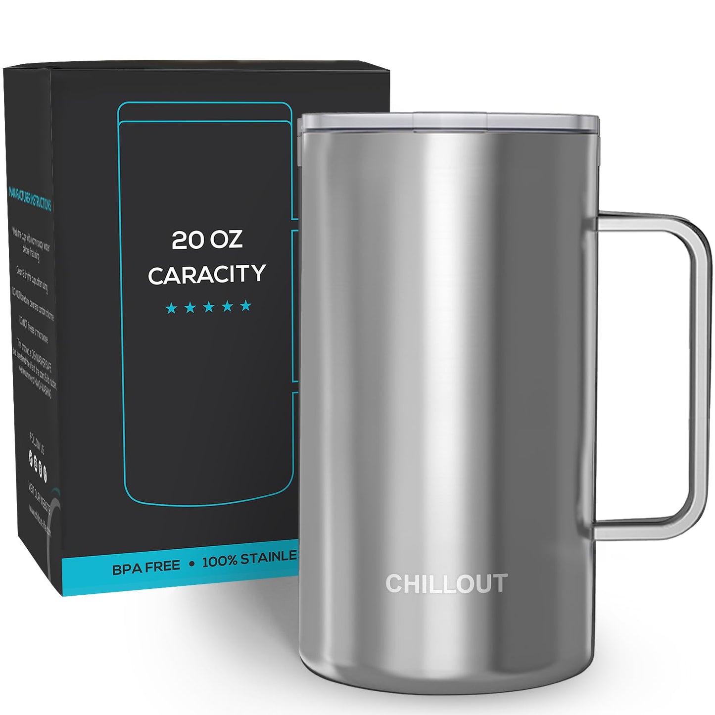 CHILLOUT LIFE Stainless Steel Vacuum Insulated Coffee Mug 16 oz (Set of 2) with Handle and Lid, Large Thermal Camping Coffee Mugs with Sliding Lid for Men & Women, Keeps Your Beverages Hot & Cold