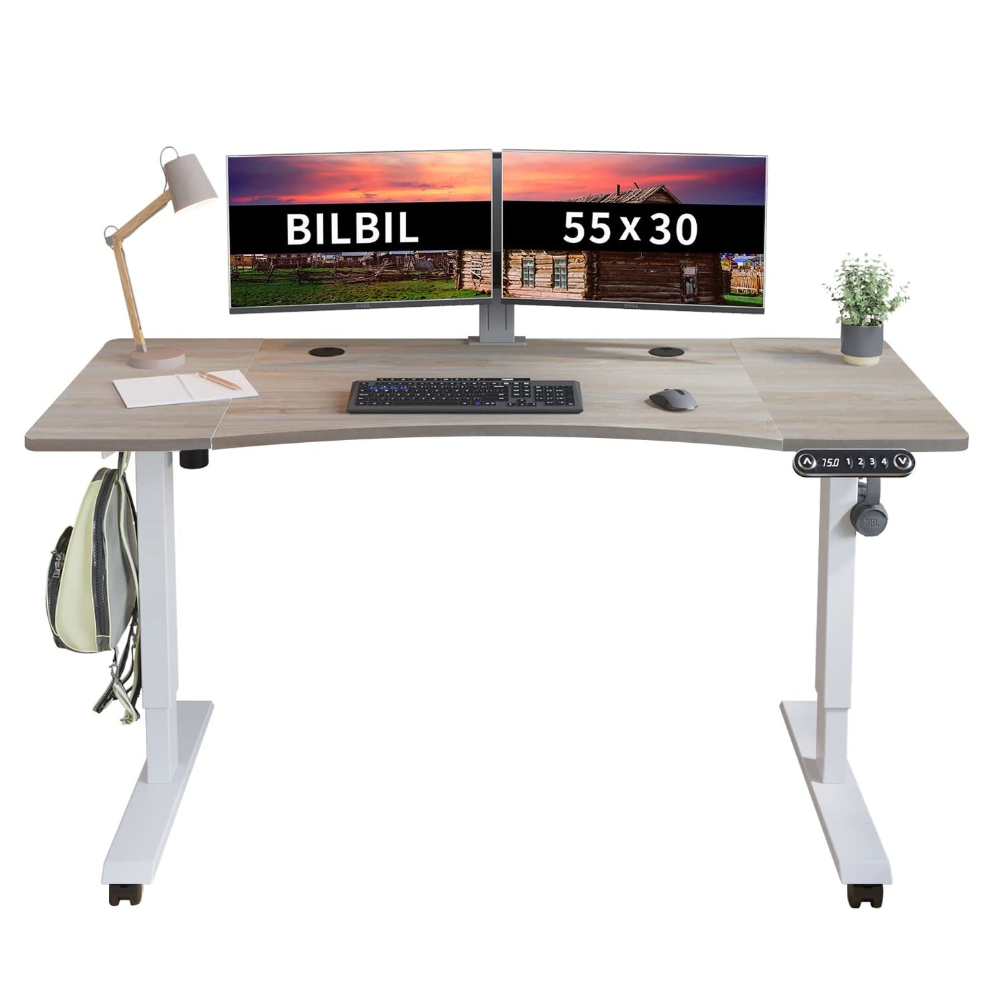 bilbil L-Shaped Electric Height Adjustable Standing Desk 59 Inches, Stand Up Rising Table for Home Office with Splice Board, Black Frame and Rustic Brown Top