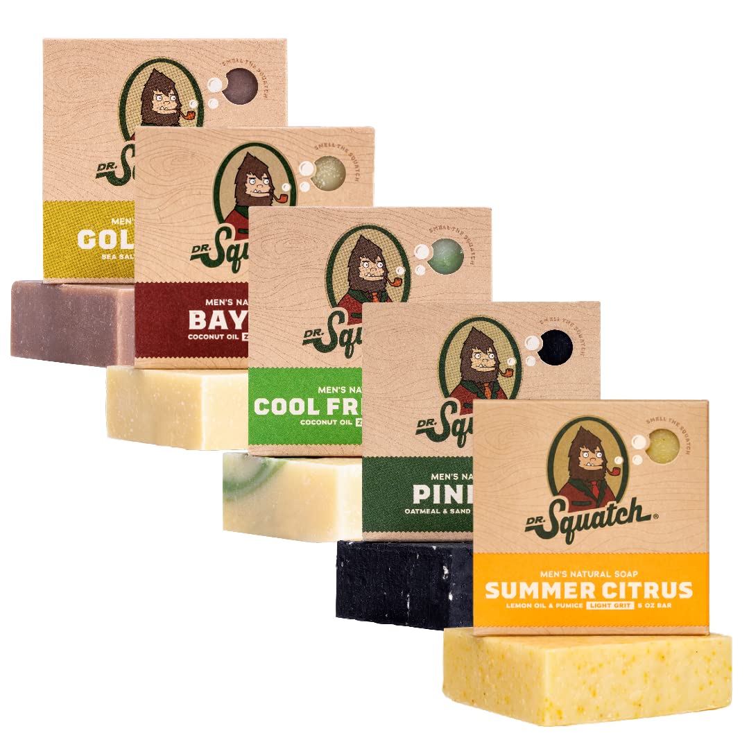 Dr. Squatch Natural Bar Soap for Men - Cold Process Soap with No Harsh Chemicals - Cedar Citrus, Gold Moss, Bay Rum, Pine Tar & Alpine Sage (5 oz, 5-Pack)