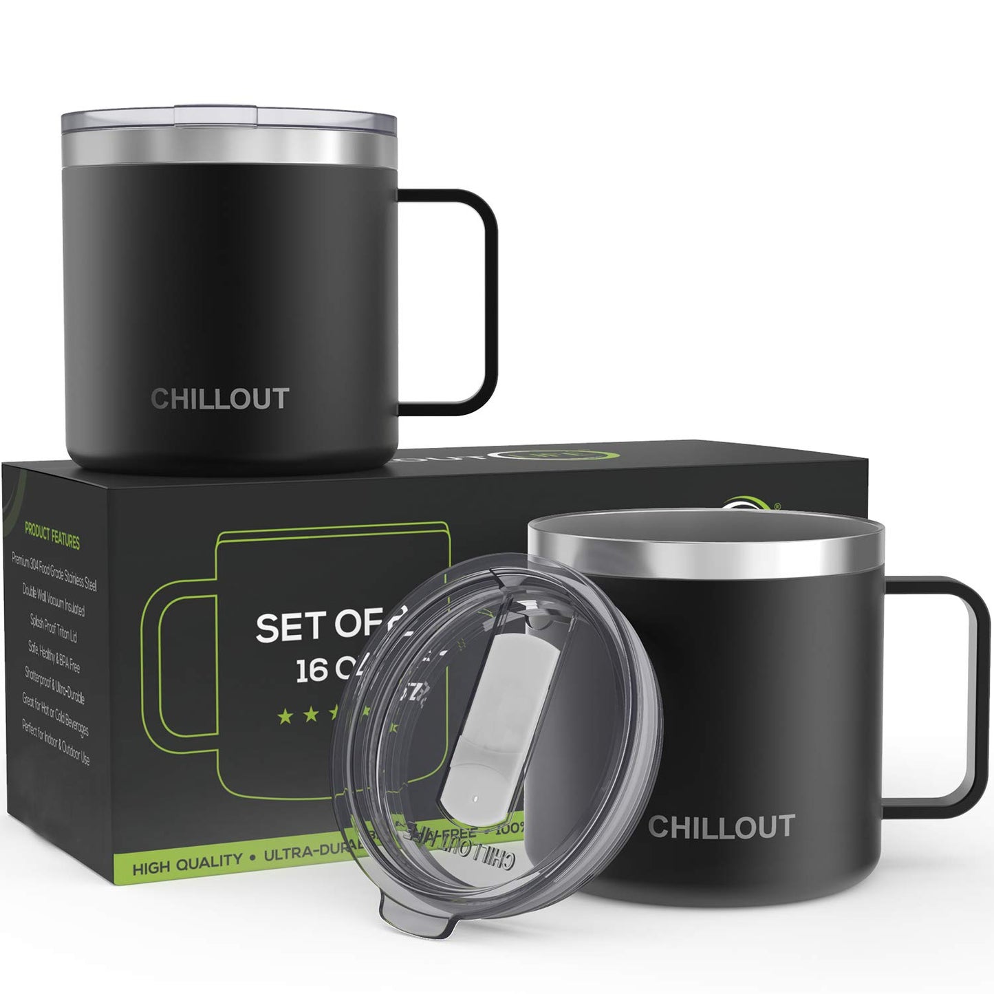 CHILLOUT LIFE Stainless Steel Vacuum Insulated Coffee Mug 16 oz (Set of 2) with Handle and Lid, Large Thermal Camping Coffee Mugs with Sliding Lid for Men & Women, Keeps Your Beverages Hot & Cold