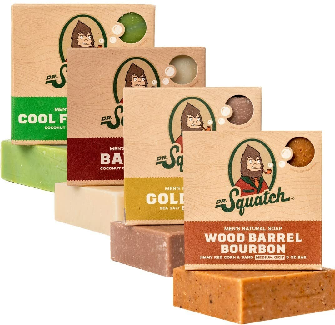 Dr. Squatch Natural Bar Soap for Men - Cold Process Soap with No Harsh Chemicals - Rainforest Rapids, Wood Barrel Bourbon, Coconut Castaway & Cedar Citrus (5 oz, 4-Pack)