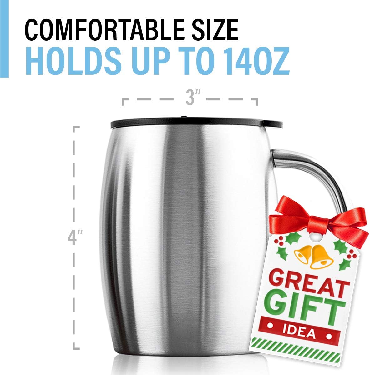 Stainless Steel Coffee Mugs with Lid (Set of 2) - 14 oz Double Walled Steel Coffee Glasses with Lid & Handle - Travel, Outdoor, Camping - Vacuum, Shatterproof, Durable
