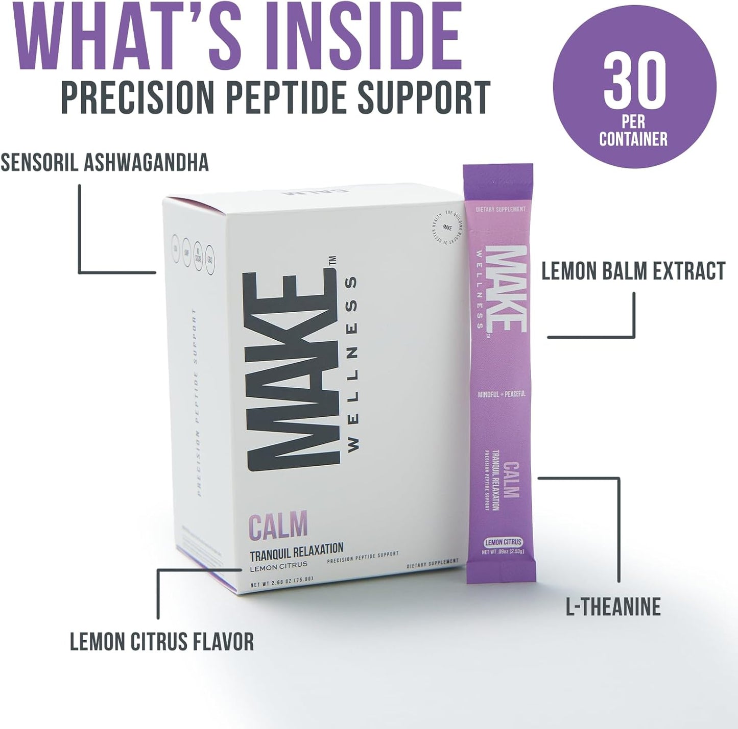 Calm Supplement | 30 Servings | Precision Peptide Support with Ashwagandha, GABA and L-Theanine | Lemon Citrus Flavor | On-The-Go Stick Packs
