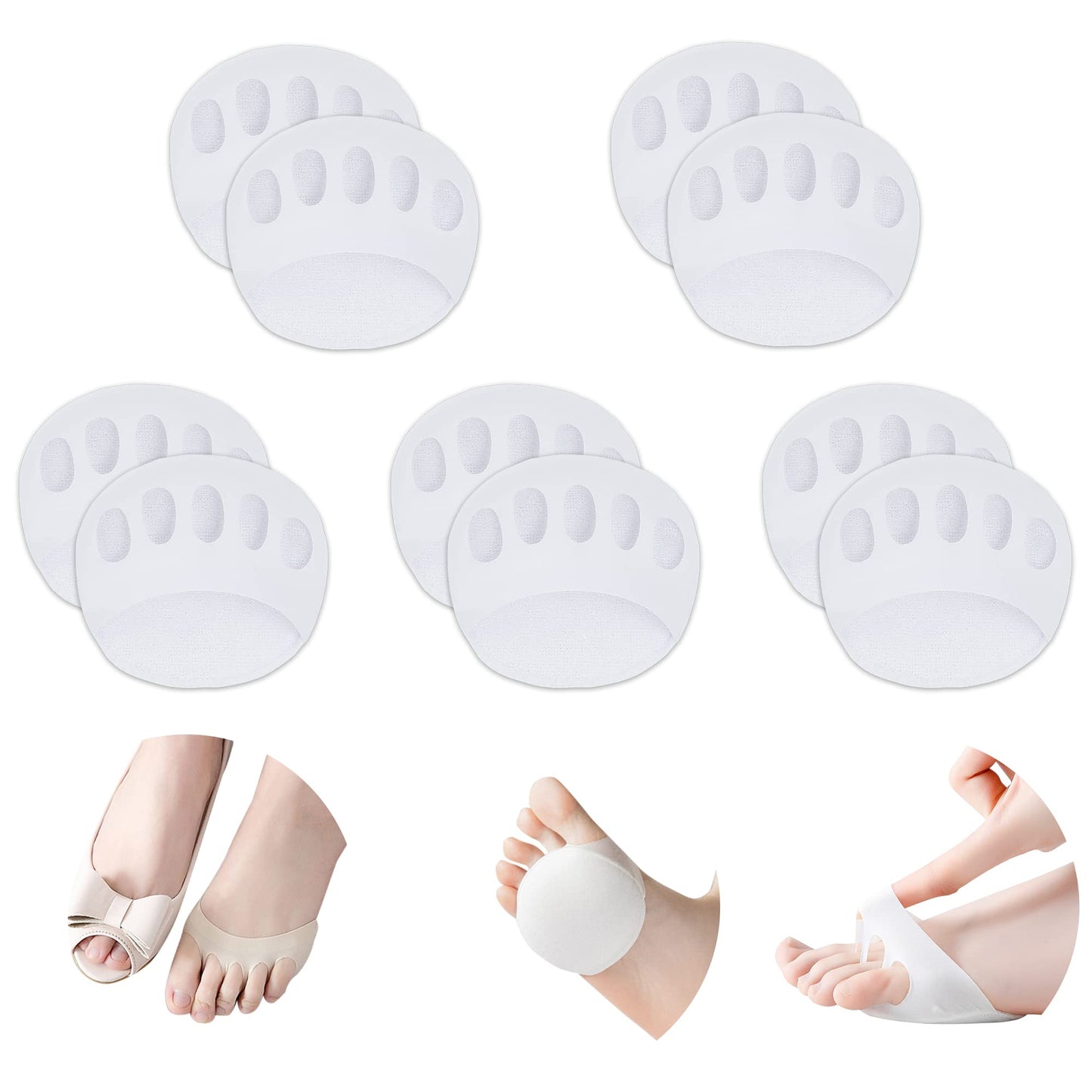 Ball of Foot Cushions (5 Pairs) - Metatarsal Pads for Women & Men, Soft Forefoot Pads for Ball of Feet, Reusable, Breathable, Prevent Pain & Discomfort