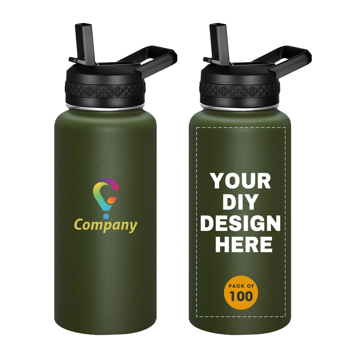 Personalized Custom Water Bottle with Text Photo Print in USA 32oz Double Wall Stainless Steel Leakproof Wide Mouth Cup with Flip Straw
