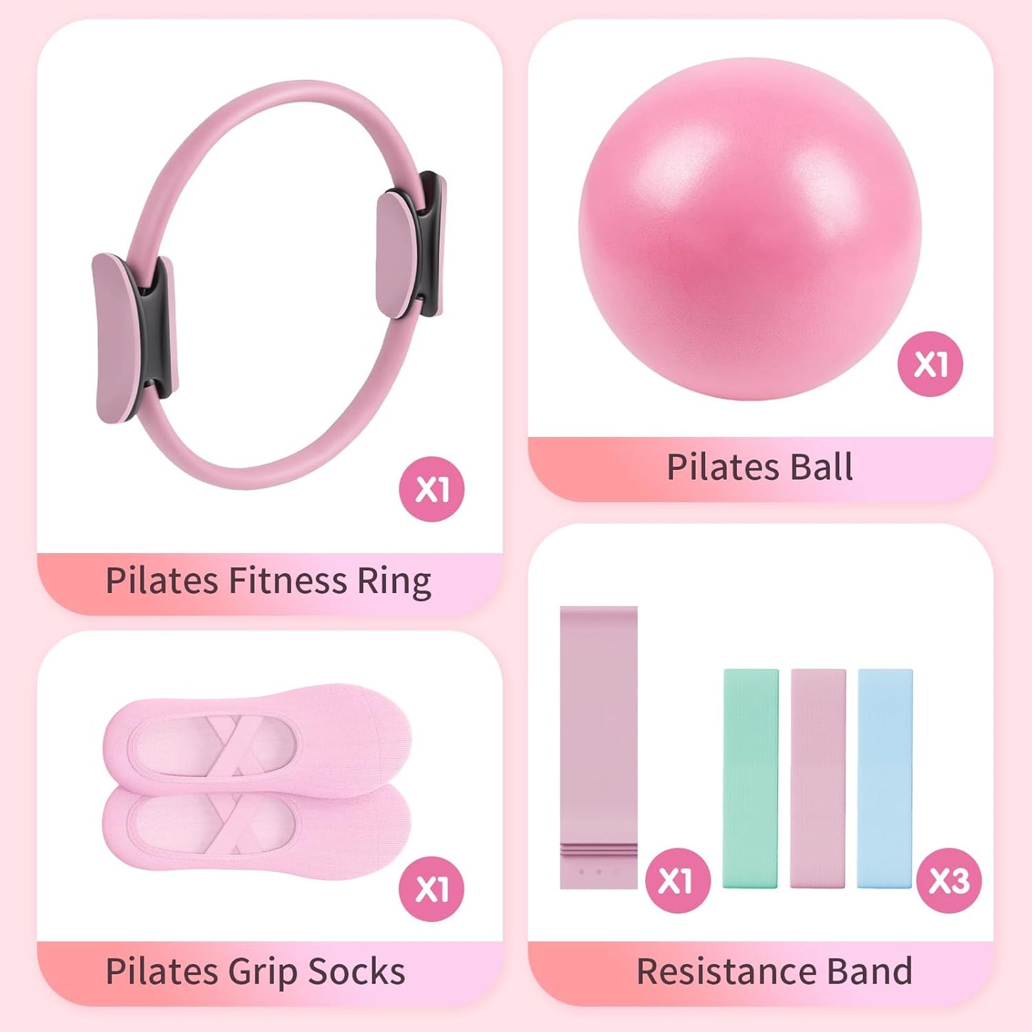 Pilates Essential Kit - Portable Fitness Equipment - with Toning Pilates Ring & Long Resistance Bands & Loop Bands & Soft Ball & Grip Socks