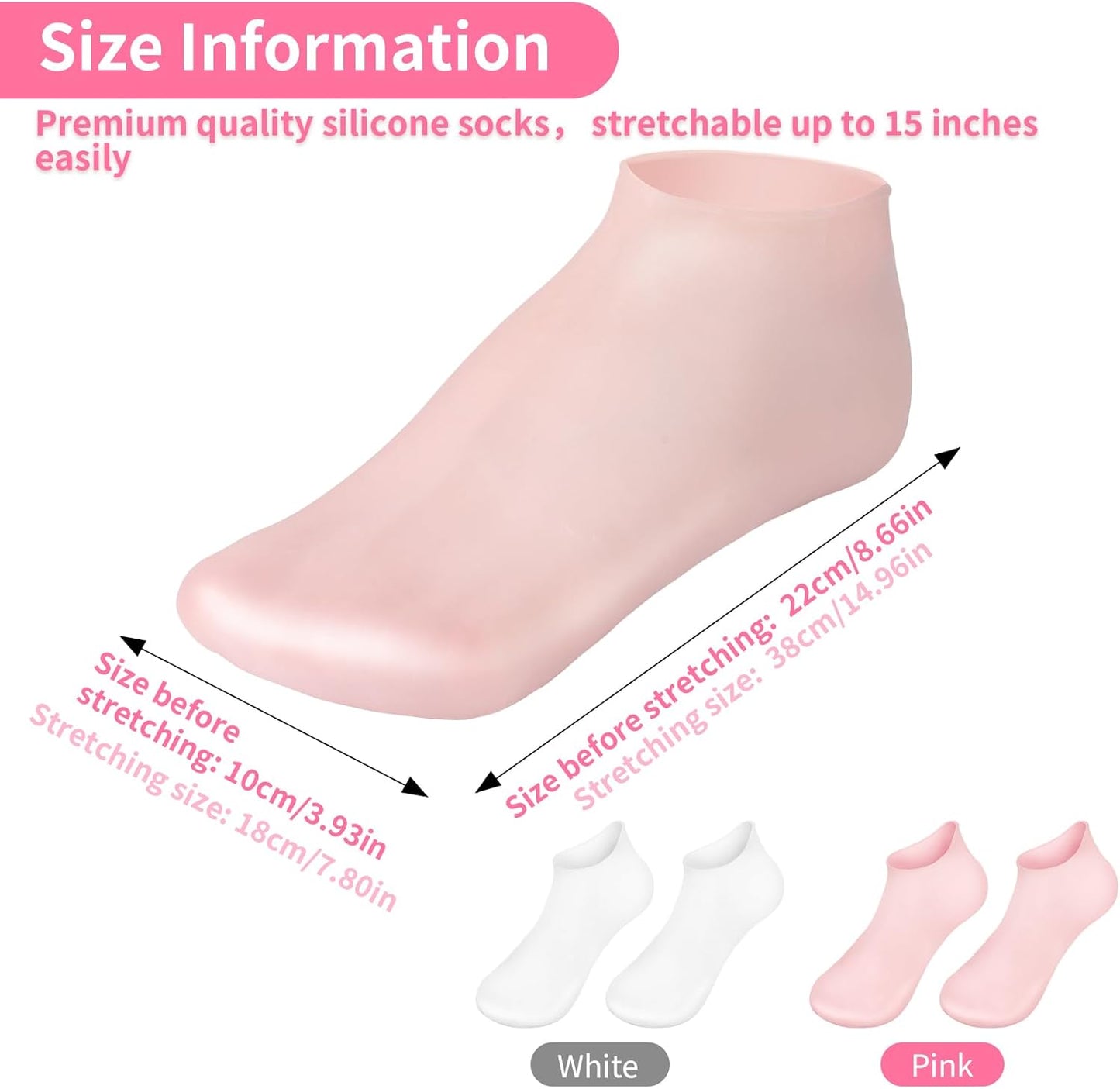 2 Pairs Silicone Moisturizing Socks for Dry Cracked Feet Women, Soft Gel Pedicure Foot Spa Aloe Socks, Anti-Slip Moisturizer Socks for Dry Cracked Feet Overnight Foot Care Pink&White