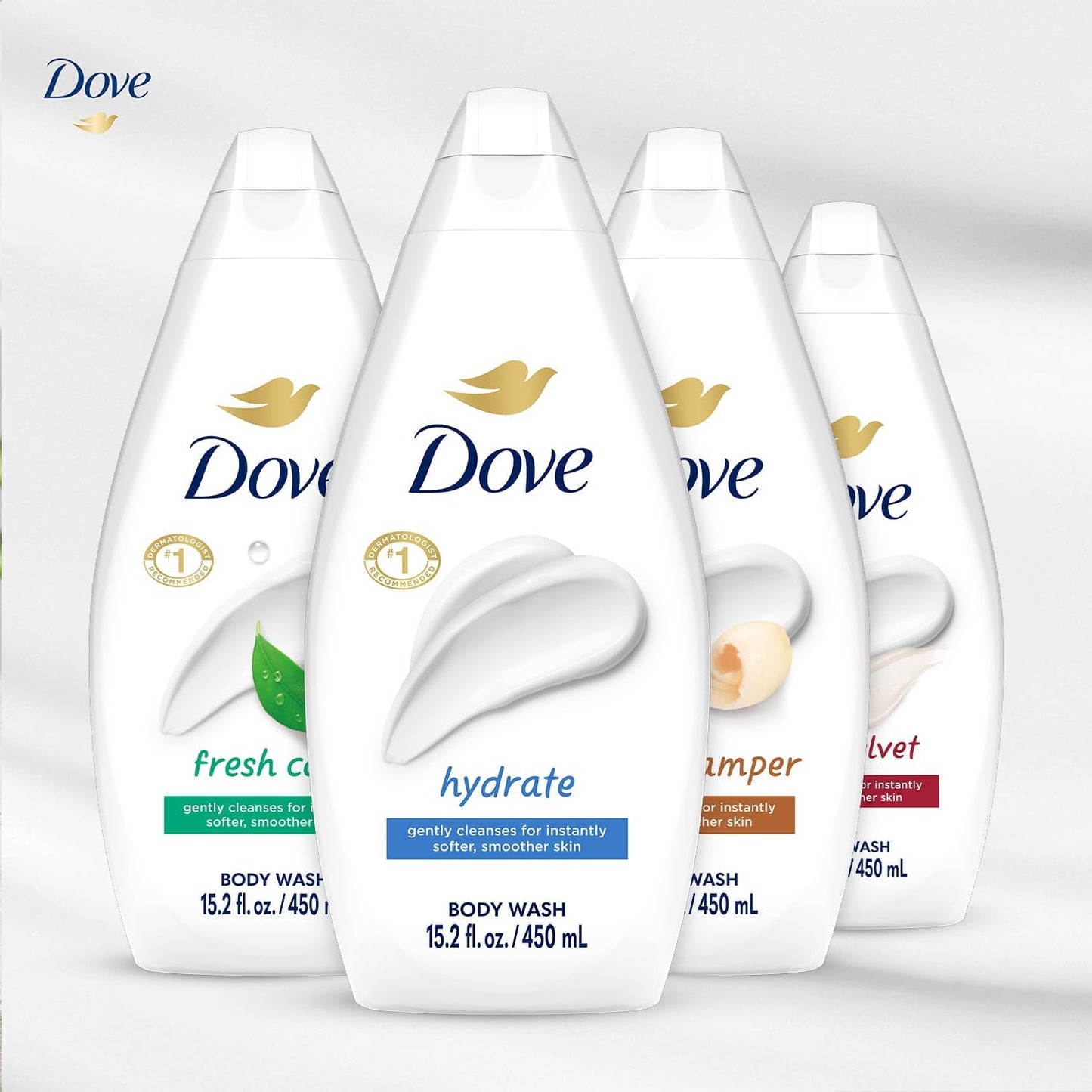 Dove Body Wash Variety 6-Pack – Hydrate, Gentle Pamper, Fresh Care, and Silky Velvet, 15.22 Oz Ea