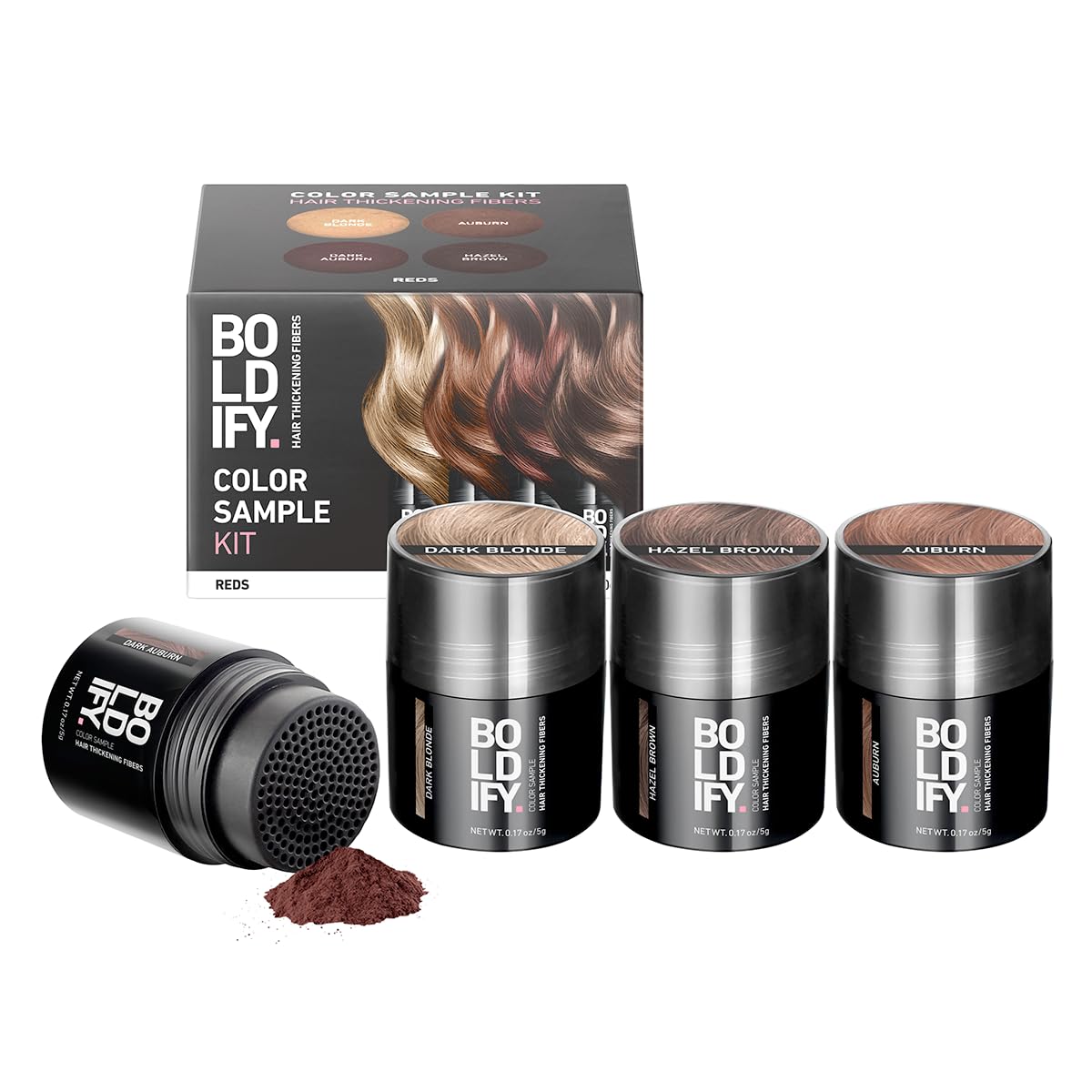BOLDIFY Hair Fibers (Color Discovery Kit) - Fill In Thinning and Fine Hair for an Instantly Fuller, Thicker Look - 14 Shades for Women & Men - Dark Browns + Black