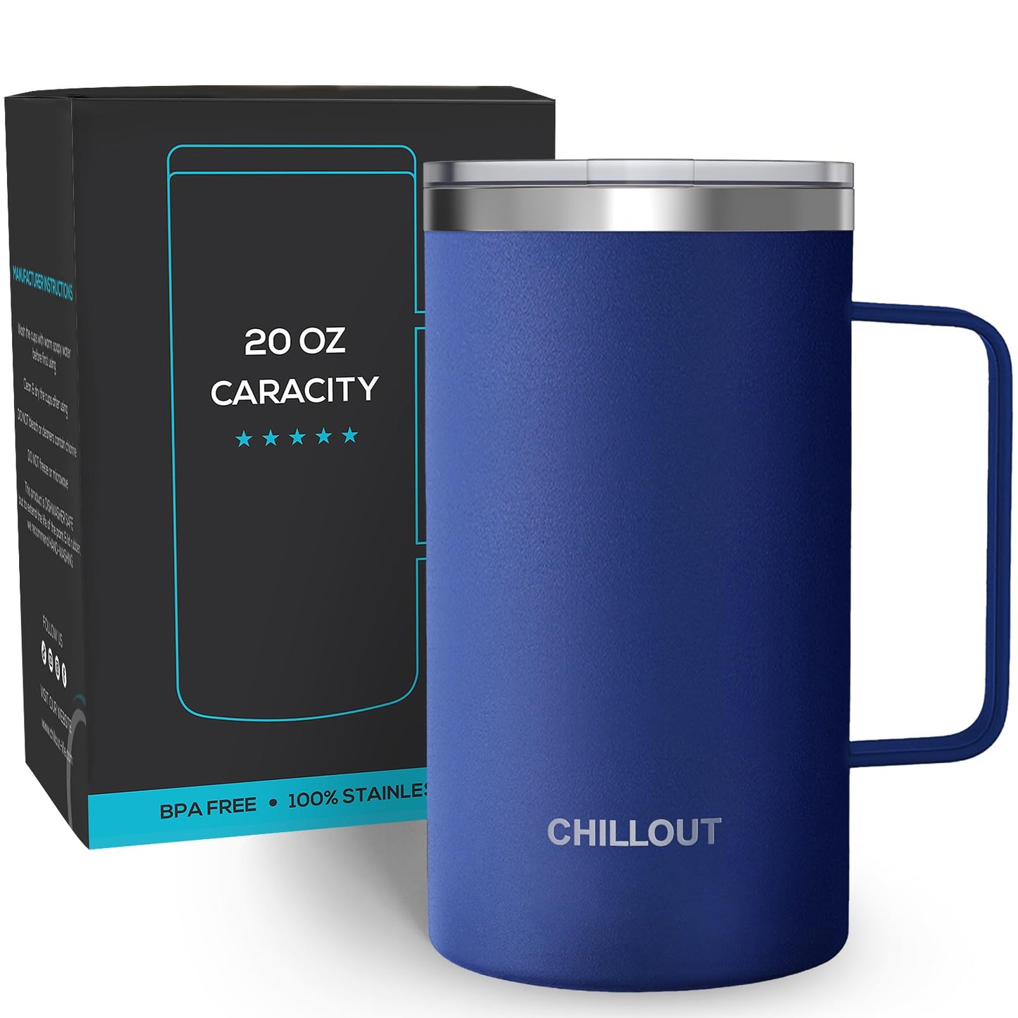 CHILLOUT LIFE Stainless Steel Vacuum Insulated Coffee Mug 16 oz (Set of 2) with Handle and Lid, Large Thermal Camping Coffee Mugs with Sliding Lid for Men & Women, Keeps Your Beverages Hot & Cold