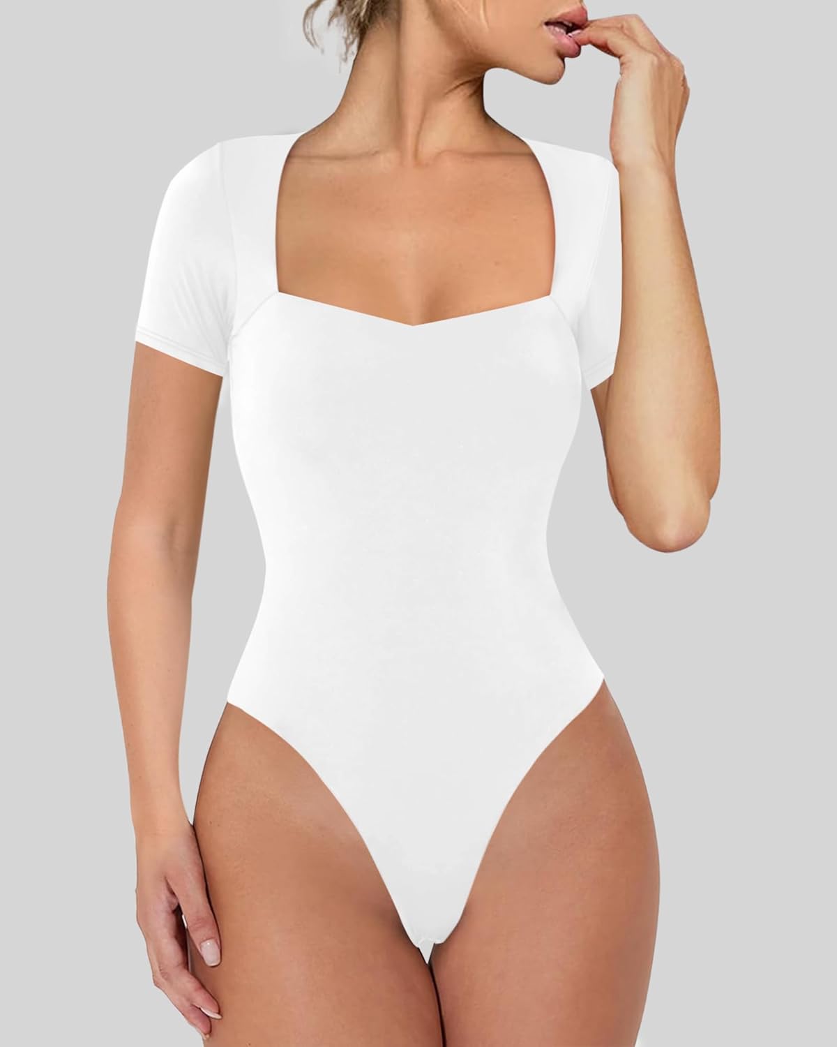 Chunpin Women's Sexy Square Neck Long Sleeve Bodysuit Double Lined Tops Thong Bodysuit