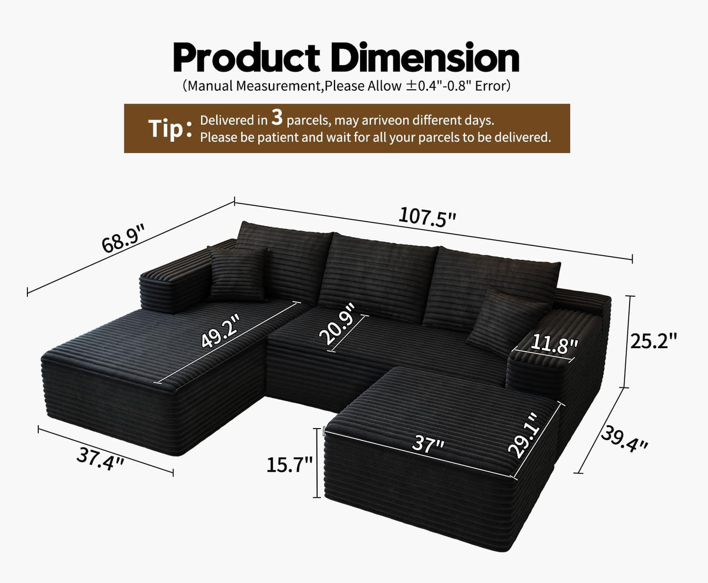 107.5" Cloud Modular Sectional Sofa with 1 Ottoman,Modern Minimalist Upholstered Couches, Comfort U Shaped Sofa for Living Room,Deep Seat Corner Couch,No Assembly Required (Black,Left Facing Chaise)