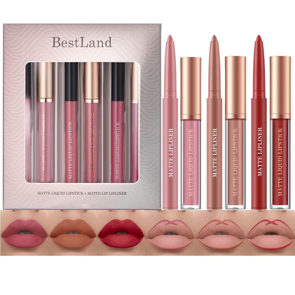 BestLand 12Pcs Matte Liquid Lipstick + Lip Liner Pens Set, One Step Lips Makeup Sets Pigment Velvety Nude Lip Stain Waterproof Long Wear Lip Gloss Make up Gift Set (Set B)