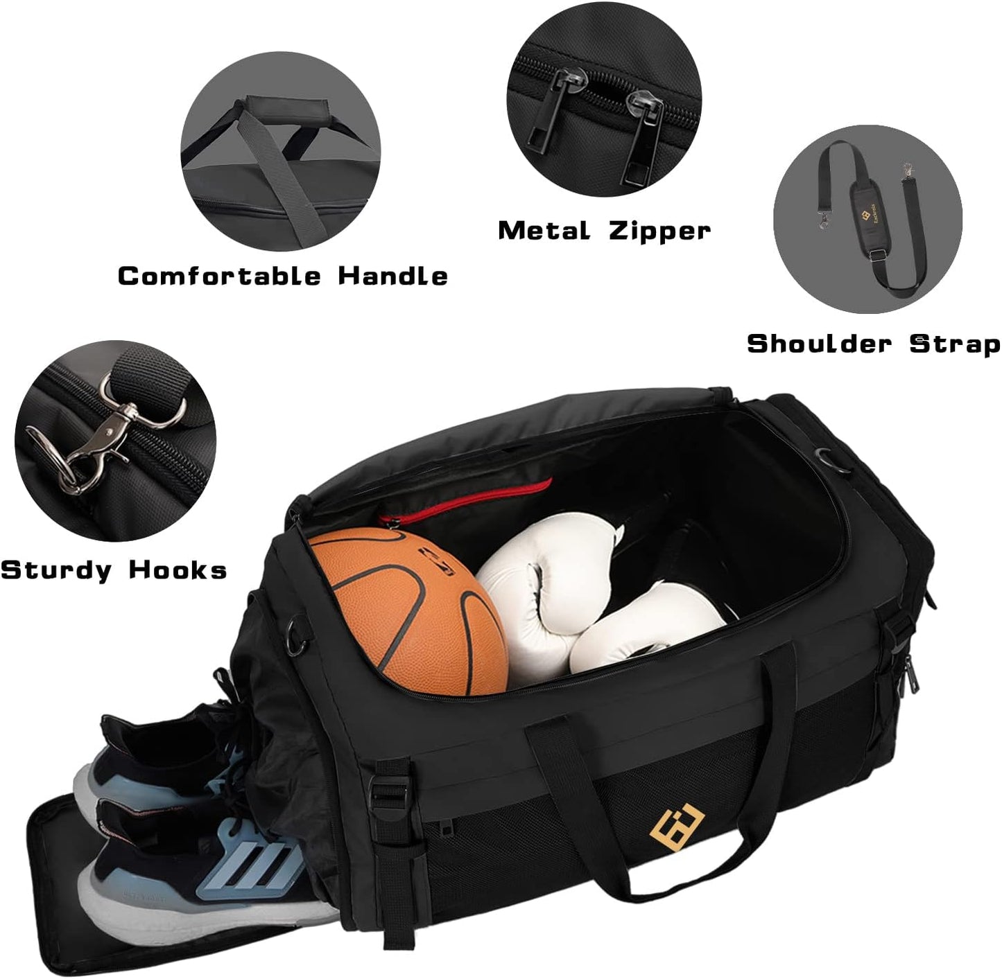 Eackrola Large Sports Gym Bag, Travel Duffel bag with Wet Pocket & Shoes Compartment for men women, 65L, Lightweight(Black)