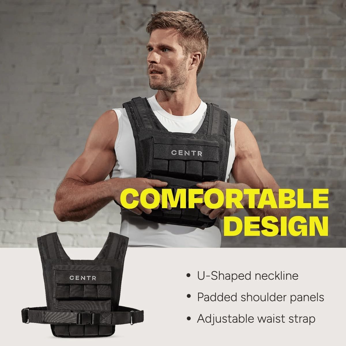 Centr Adjustable Weighted Vest 20lbs for Men & Women – Workout, Running, Strength Training, Fitness, Weightlifting & Muscle Building Vest with Sand Bag Weights, Slim Design