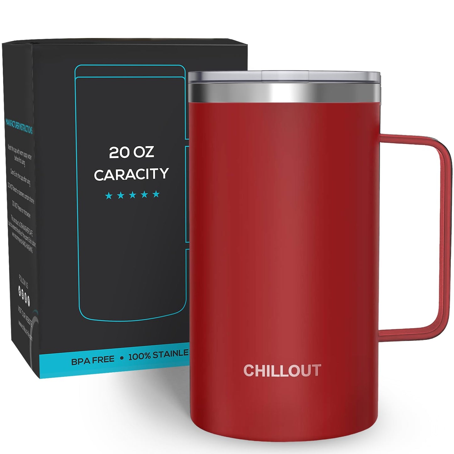 CHILLOUT LIFE Stainless Steel Vacuum Insulated Coffee Mug 16 oz (Set of 2) with Handle and Lid, Large Thermal Camping Coffee Mugs with Sliding Lid for Men & Women, Keeps Your Beverages Hot & Cold